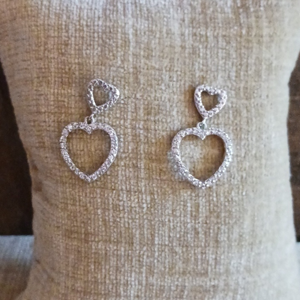 925 Silver Rhinestone Double Heart Dangle Post Earrings